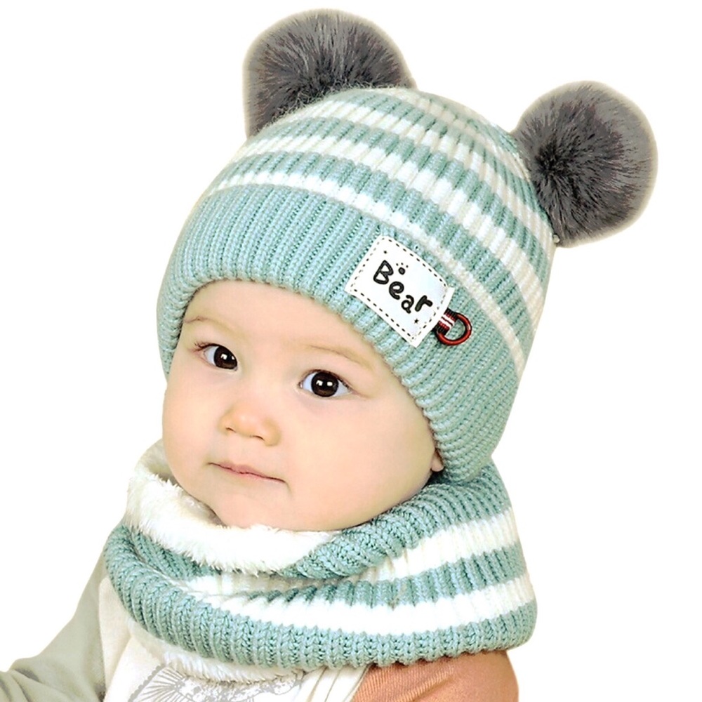 Infant Baby Mint Green Striped Winter Hat & Ring Scarf Set